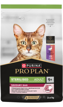 PRO PLAN® Sterilised SAVOURY DUO с двойным вкусом для взрослых стерилизованных привередливых кошек, с уткой и с печенью